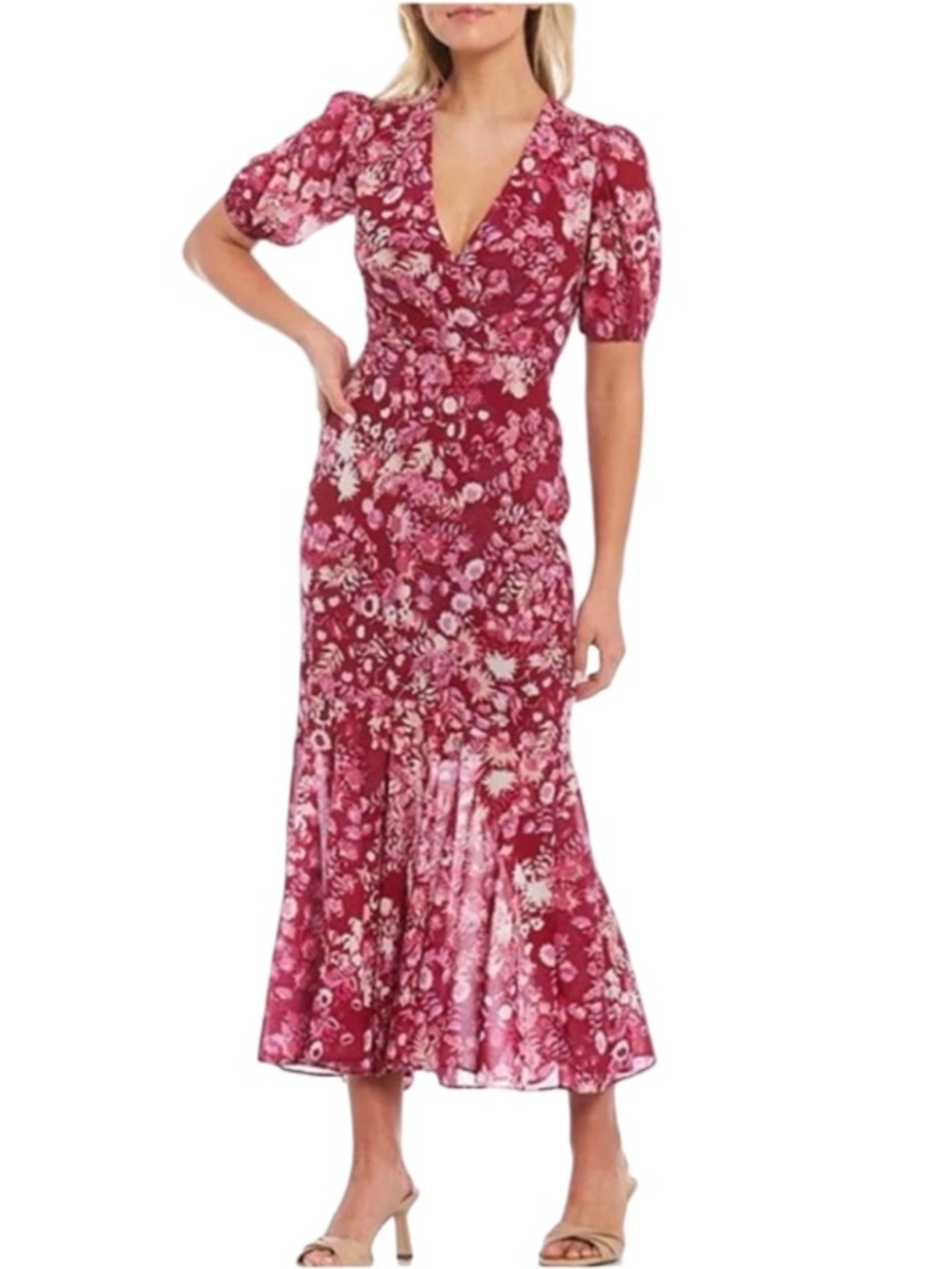 Sachin & Babi x Dillards Erin Floral Midi Dress Size 4 Pink Purple Wedding Guest